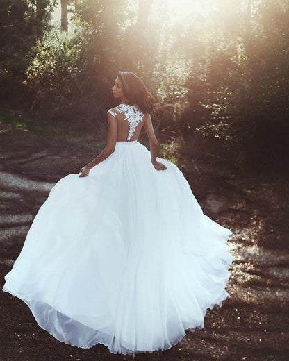 Elegant Lace Appliques Cap Sleeves Chiffon Wedding Dresses With Leg Slit