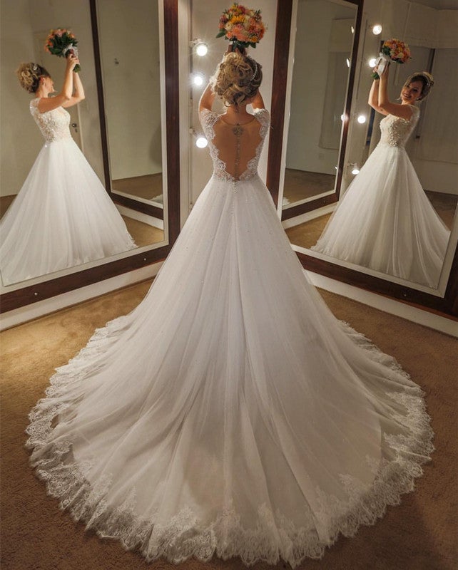 Elegant Lace Cap Sleeves Nude Back Tulle Wedding Dresses Princess
