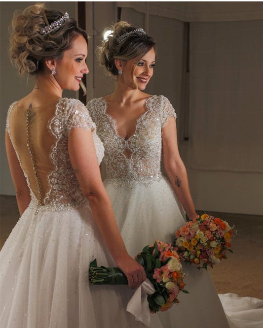 Elegant Lace Cap Sleeves Nude Back Tulle Wedding Dresses Princess