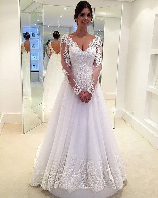 Elegant Lace Long Sleeves Tulle V-neck Wedding Dresses Princess For Bride