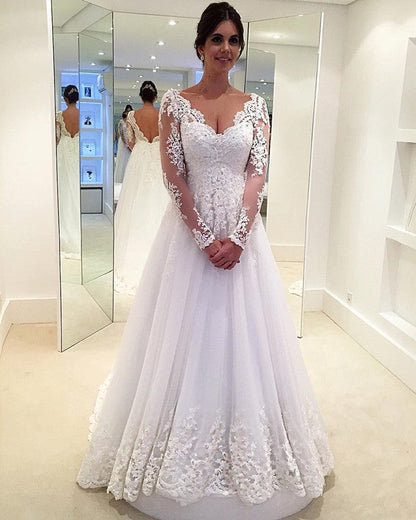 Elegant Lace Long Sleeves Tulle V-neck Wedding Dresses Princess For Bride