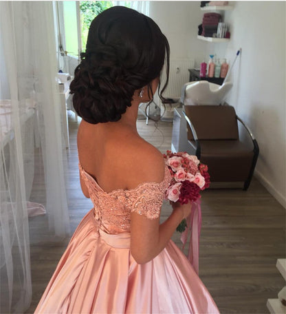 Elegant Lace Off Shoulder Pink Satin Wedding Dresses Ball Gowns