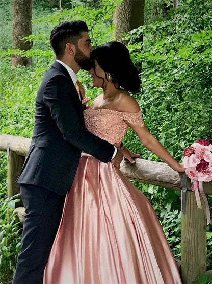 Elegant Lace Off Shoulder Pink Satin Wedding Dresses Ball Gowns