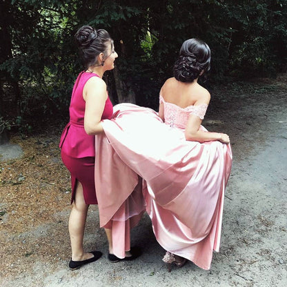 Elegant Lace Off Shoulder Pink Satin Wedding Dresses Ball Gowns