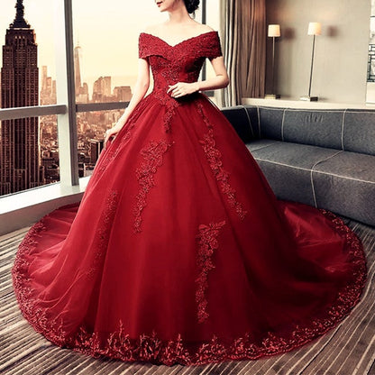 Elegant Lace Off Shoulder Royal Train Maroon Wedding Dresses