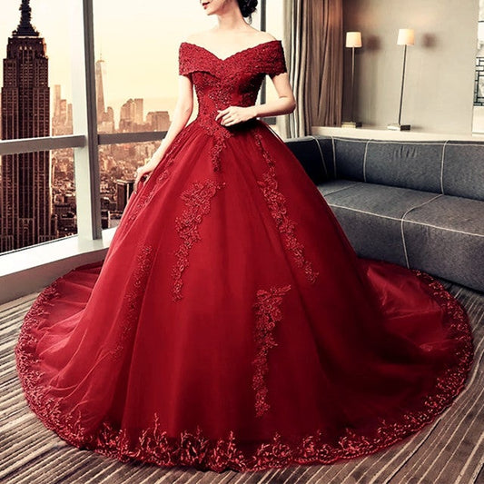 Elegant Lace Off Shoulder Royal Train Maroon Wedding Dresses