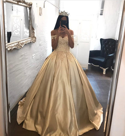Elegant Lace Off The Shoulder Ball Gowns Satin Wedding Dresses