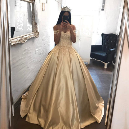 Elegant Lace Off The Shoulder Ball Gowns Satin Wedding Dresses