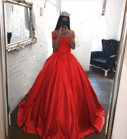 Elegant Lace Off The Shoulder Ball Gowns Satin Wedding Dresses