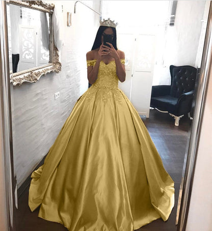 Elegant Lace Off The Shoulder Ball Gowns Satin Wedding Dresses