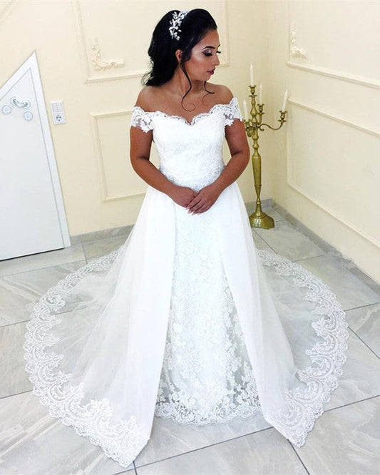 Elegant Lace V-neck Off The Shoulder Tulle Sweep Train Wedding Dresses
