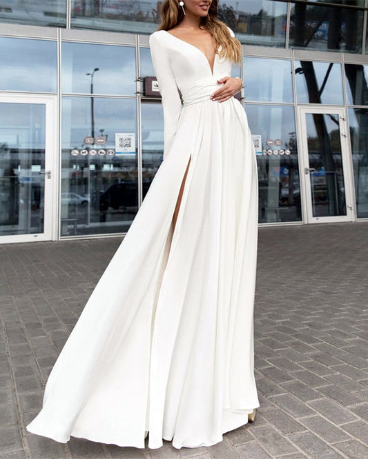 Elegant Plunge V-neck Long Sleeves Chiffon Wedding Dresses Leg Split