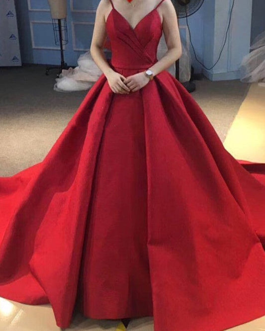Elegant Satin V-neck Bodice Corset Ball Gowns Prom Dresses