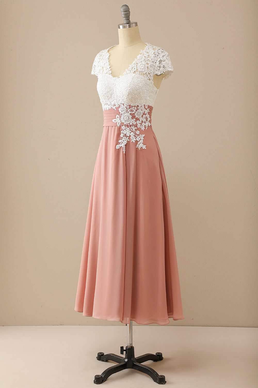 Mature V-neck lace chiffon hat sleeves Mother of the Bride Dress