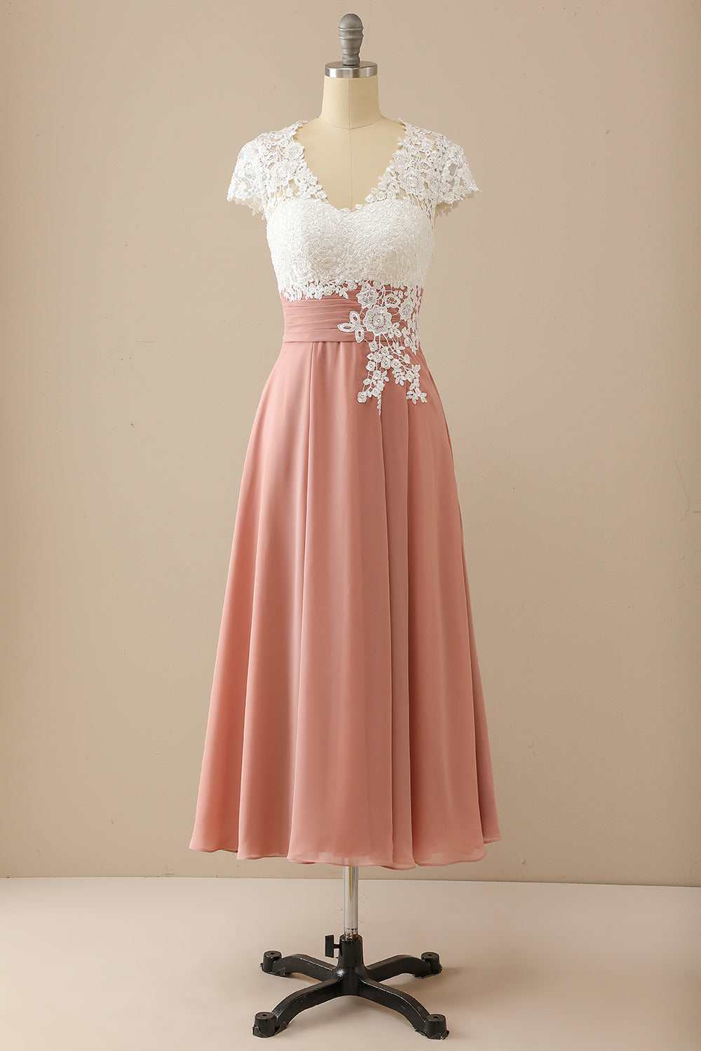Mature V-neck lace chiffon hat sleeves Mother of the Bride Dress