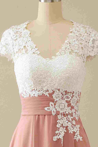 Mature V-neck lace chiffon hat sleeves Mother of the Bride Dress