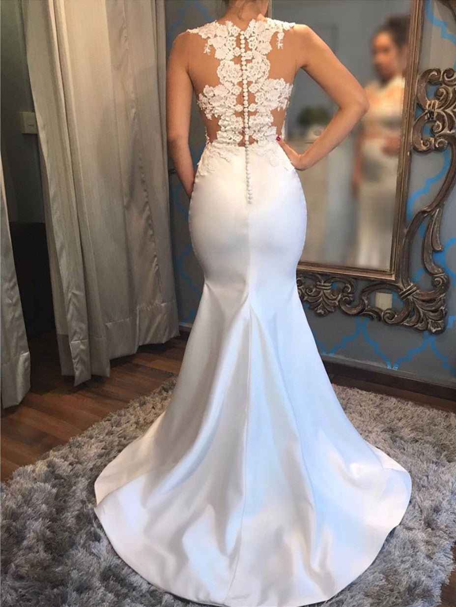 Elegant White Satin Mermaid Wedding Dresses Lace Appliques