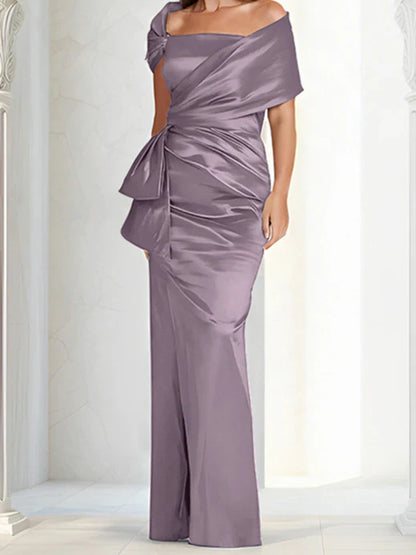 Tight fitting/column off shoulder to ground length mother of the bride dresses