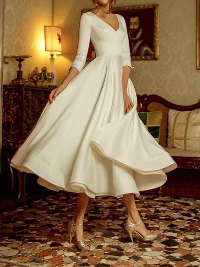 A-Line Wedding Dresses V Neck Tea Length Satin 3/4 Length Sleeve Simple Vintage Little White Dress 1950s with Pleats - RongMoon