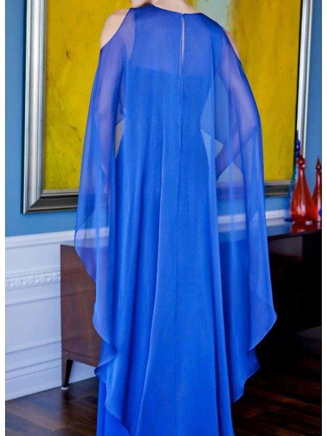 A-Line Mother of the Bride Dress Elegant Jewel Neck Floor Length Satin Charmeuse Short Sleeve with Split Front Ruching - RongMoon