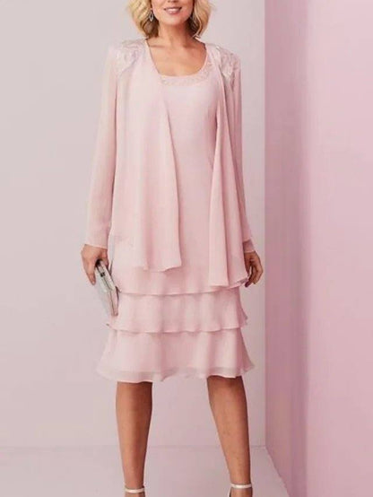 Two Piece Sheath / Column Mother of the Bride Dress Elegant Scoop Neck Knee Length Chiffon Lace Long Sleeve with Cascading Ruffles - RongMoon