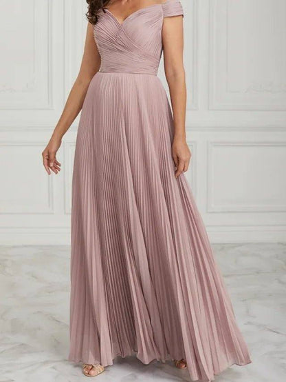 A-Line Mother of the Bride Dress Elegant Off Shoulder Floor Length Chiffon Sleeveless with Pleats Ruching - RongMoon