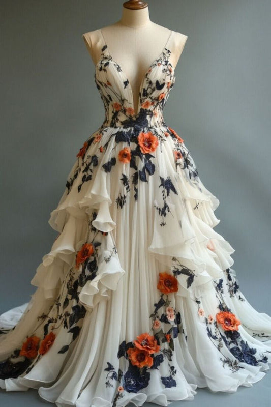 💫Fairytale A-line Prom Dress for Wedding 🌸Chiffon 3D Applique Evening Dress ED01337