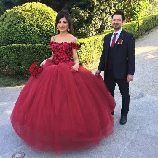 Floral Flower Sweetheart Tulle Ball Gown Wedding Dresses Off The Shoulder