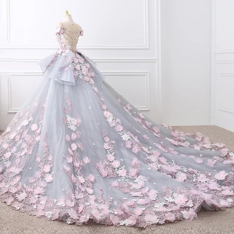 Floral Lace Wedding Dresses Ball Gowns With 3D Flowers