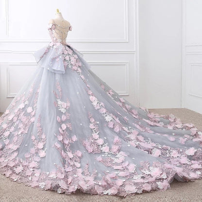 Floral Lace Wedding Dresses Ball Gowns With 3D Flowers