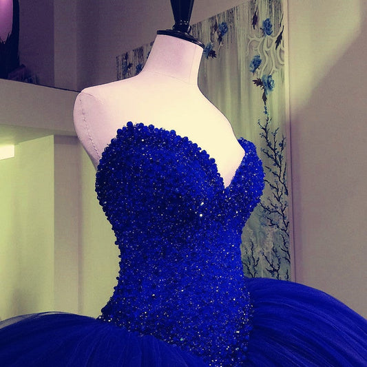 Fully Crystal Beaded Bodice Corset Royal Blue Wedding Dresses Ball Gowns