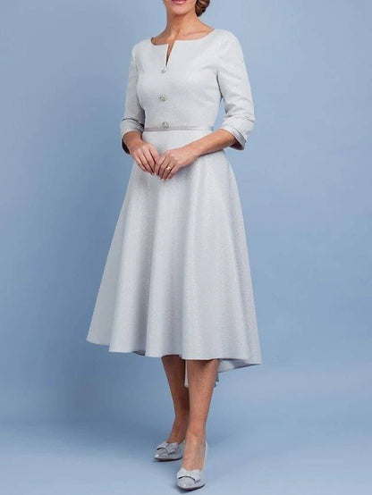 A-Line Mother of the Bride Dress Elegant Off Shoulder Tea Length Satin Half Sleeve with Pleats - RongMoon