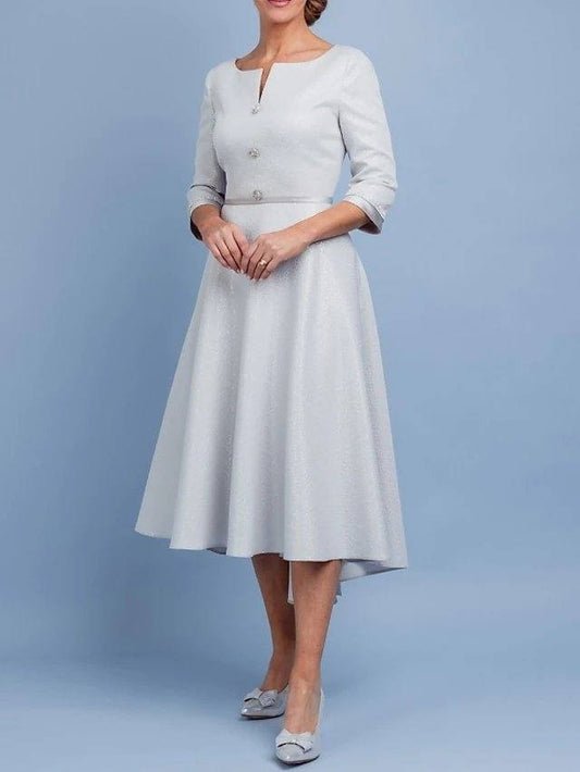 A-Line Mother of the Bride Dress Elegant Off Shoulder Tea Length Satin Half Sleeve with Pleats - RongMoon