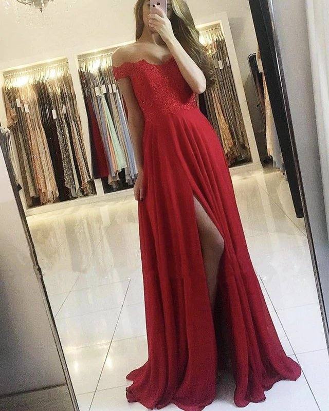 Lace Appliques Off Shoulder Long Chiffon Bridesmaid Dresses - RongMoon