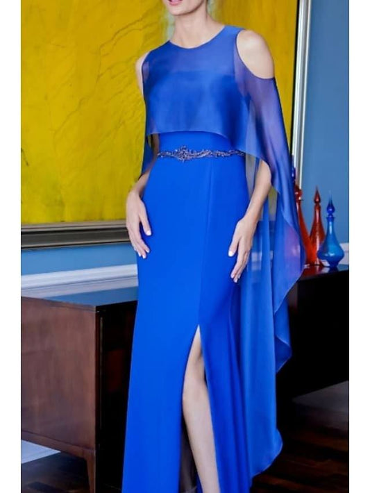 A-Line Mother of the Bride Dress Elegant Jewel Neck Floor Length Satin Charmeuse Short Sleeve with Split Front Ruching - RongMoon