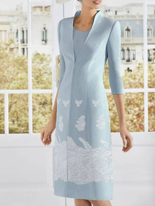 Two Piece Sheath / Column Mother of the Bride Dress Elegant Jewel Neck Knee Length Lace Satin 3/4 Length Sleeve with Appliques - RongMoon