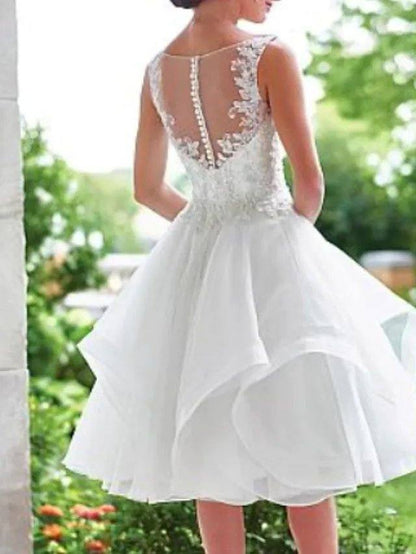 A-Line Wedding Dresses V Neck Knee Length Lace Organza Sleeveless Vintage 1950s with Appliques Cascading Ruffles - RongMoon
