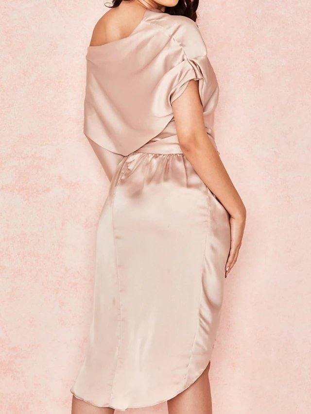 Sheath / Column Reformation Amante Minimalist Party Wear Cocktail Party Dress One Shoulder Half Sleeve Asymmetrical Charmeuse with Ruched Draping - RongMoon