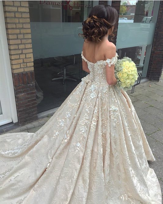 Glamorous Lace Flowers Beaded Off Shoulder Ball Gowns Wedding Dresses