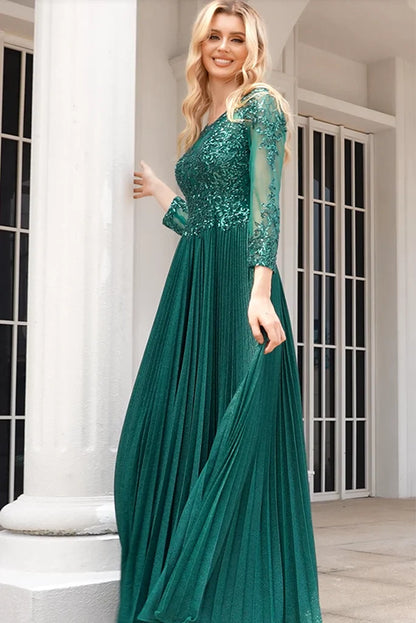 Noble sparkling A-shaped green low round neck long sleeved and ground length beaded Mother Of The Bride Dresses