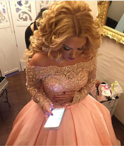 Gold Lace Long Sleeves Pink Satin Bow Back Wedding Dresses Ball Gowns