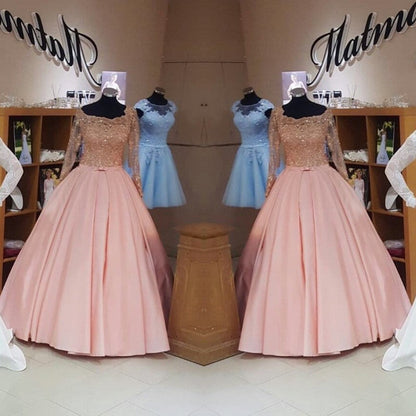 Gold Lace Long Sleeves Pink Satin Bow Back Wedding Dresses Ball Gowns