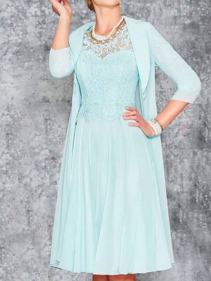 Two Piece A-Line Mother of the Bride Dress Elegant Jewel Neck Knee Length Chiffon Lace 3/4 Length Sleeve with Pleats Embroidery - RongMoon