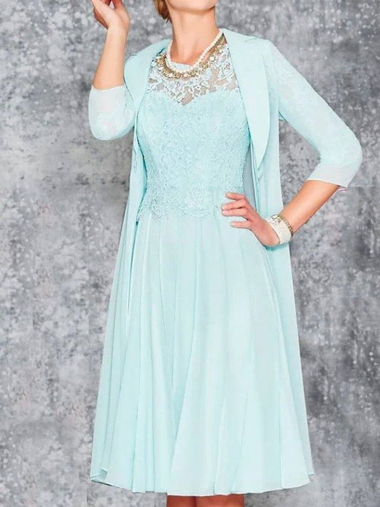 Two Piece A-Line Mother of the Bride Dress Elegant Jewel Neck Knee Length Chiffon Lace 3/4 Length Sleeve with Pleats Embroidery - RongMoon