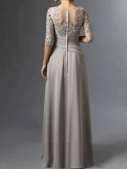 Sheath / Column Mother of the Bride Dress Elegant Square Neck Floor Length Chiffon Lace Half Sleeve with Ruching - RongMoon