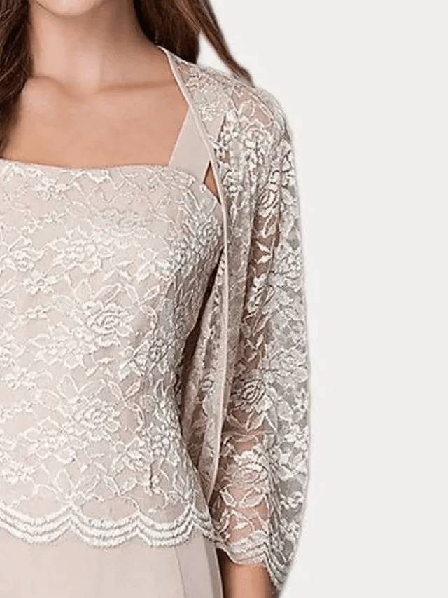 Two Piece Sheath / Column Mother of the Bride Dress Elegant Square Neck Floor Length Chiffon Lace 3/4 Length Sleeve with Embroidery - RongMoon