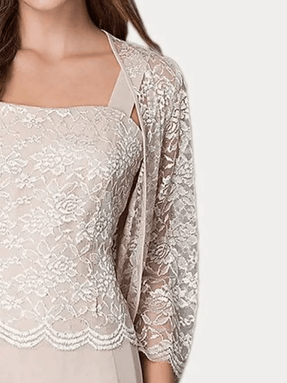 Two Piece Sheath / Column Mother of the Bride Dress Elegant Square Neck Floor Length Chiffon Lace 3/4 Length Sleeve with Embroidery - RongMoon