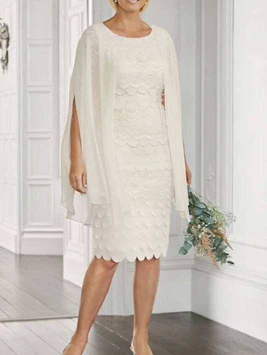 Sheath / Column Mother of the Bride Dress Elegant Jewel Neck Knee Length Chiffon Lace 3/4 Length Sleeve with Embroidery - RongMoon