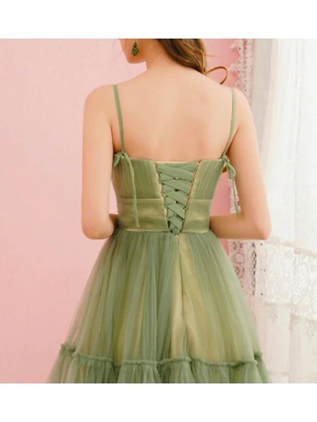 A-Line Spring Cocktail Party Prom Dress Spaghetti Strap Sleeveless Tea Length Satin Tulle with Pleats Ruched - RongMoon