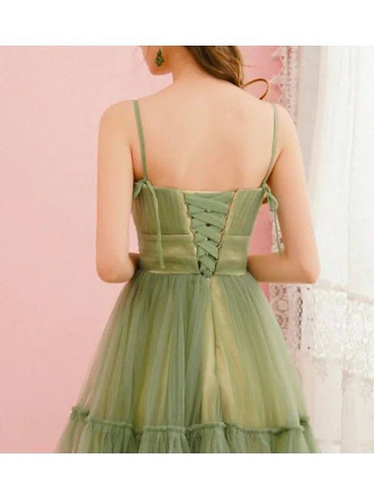 A-Line Spring Cocktail Party Prom Dress Spaghetti Strap Sleeveless Tea Length Satin Tulle with Pleats Ruched - RongMoon